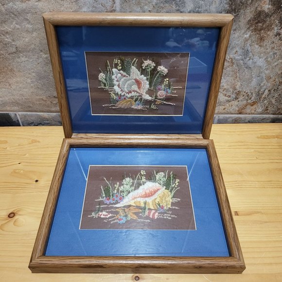 VTG Crewel Embroidery Pair Seashells Wildflowers Framed Hanging Wall Decor - Picture 1 of 13